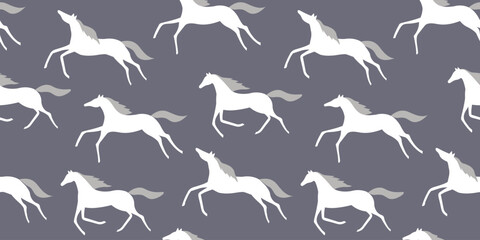 Seamless pattern with running silhouettes of horses. The herd of animals moves forward. Vector graphics.