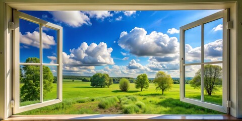 Fototapeta premium Window View of a Sunny Day with Green Field and Trees, White Frame, Landscape Photography, Nature, Window, Landscape, Outdoors