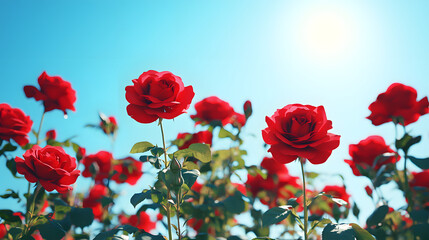 Obraz premium Vibrant Shot of a Field of Red Roses in Full Bloom with Bright Petals Standing Out Under a Clear Blue Sky