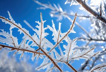 frosty limbs encased embrace showcasing delicate ice patterns branches twigs under blue sky, winter, cold, nature, landscape, beauty, texture, outdoor