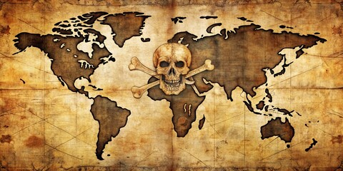 Naklejka premium World Map with Skull and Crossbones, Vintage, Treasure, Pirate, Danger