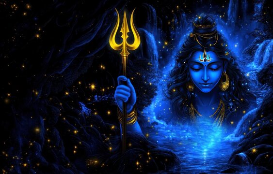 portrait of god shiva waterfall view