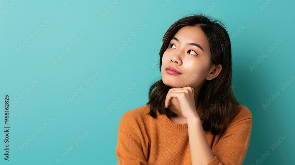 Wall mural closeup of Young asian woman thinking on light blue background