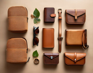 A flat lay of eco-conscious accessories such as vegan leather wallets, cork-based handbags,