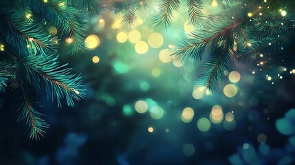 Fototapeta premium Christmas blue pine forest foliage background. Green garden trees wedding invitation. Bokeh lights art. Generative Ai
