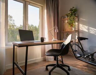 A home office setup by the window, with a standing desk, ergonomic chair, and a coffee mug,