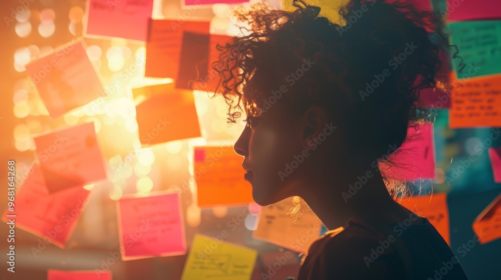 Poster planning and collaboration using sticky notes by a diverse team of designers and marketers, focusing