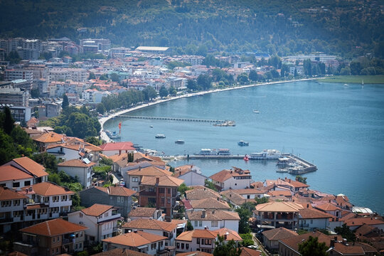 Aerial view of Ohrid old town from the Samoil's Fortress in Ohrid North Macedonia