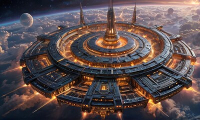 Futuristic Floating Space City at Sunset