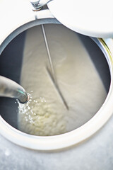 Food, farming and milk in container for process, cheese production or pasteurisation in factory. Health, nutrition and cream in tank for dairy product, manufacturing and sustainable small business