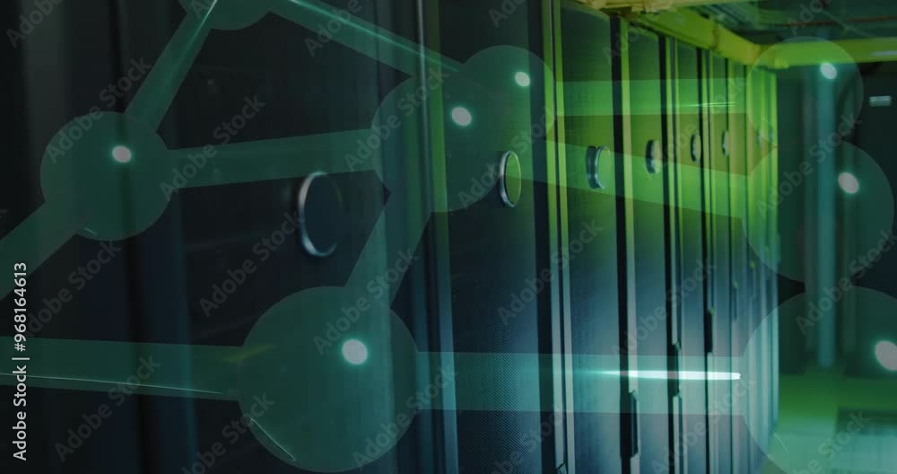 Poster animation of digital data processing with connections over computer servers
