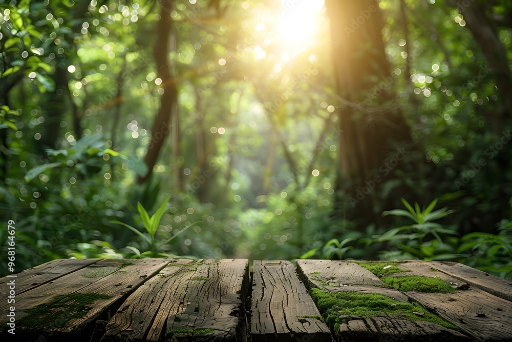 Poster serene forest scene with sunlight filtering through trees