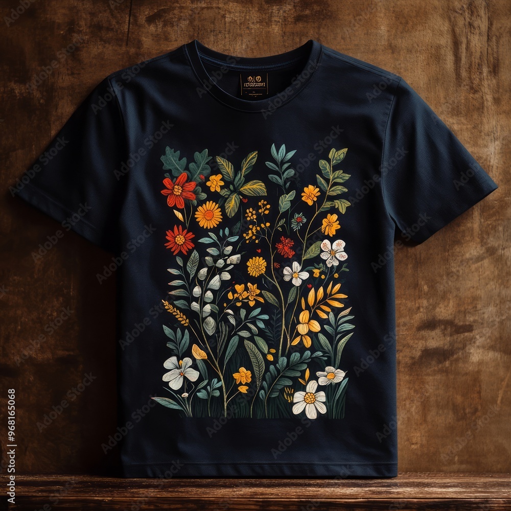 Sticker A navy t-shirt featuring a colorful floral design with various plants and flowers.