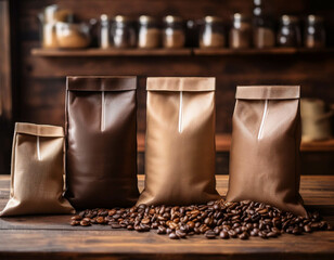 A set of artisanal coffee bags arranged neatly on a wooden counter, with whole beans scatter