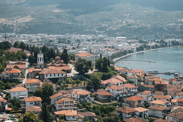 Aerial view of Ohrid old town from the Samoil's Fortress in Ohrid North Macedonia