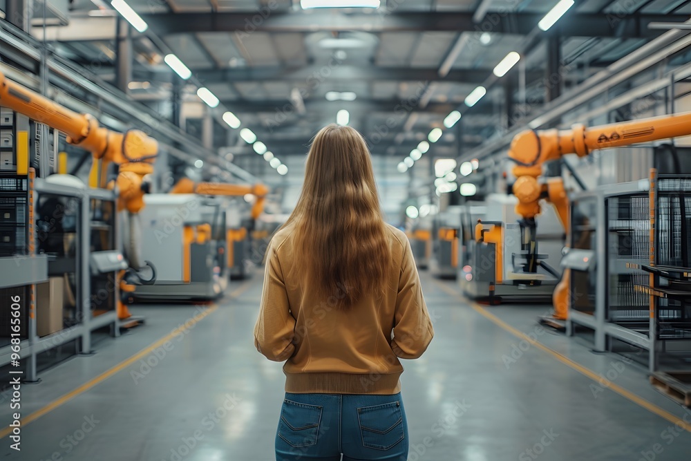 Poster exploring the future of automation: a woman in a high-tech factory