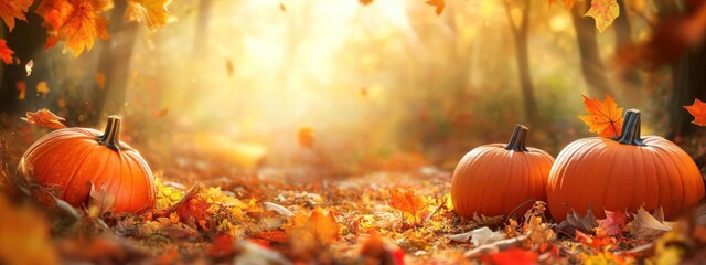 Autumn background with pumpkins and autumn leaves on the ground, golden sunlight in the forest, a banner for Halloween or Fall season celebration Generative AI