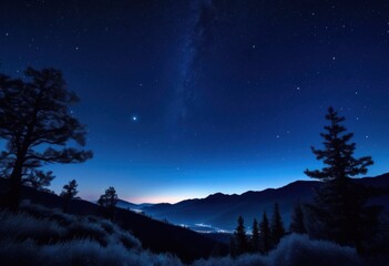 vibrant night scene twinkling stars dark silhouettes deep blue sky, atmosphere, twinkle, glow, horizon, landscape, nature, celestial, dusk, evening