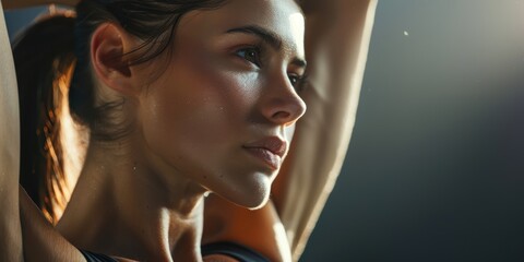 Fototapeta premium Portrait of a woman stretching her arms in a studio setting, highlighting yoga, exercise, and training for wellness and fitness
