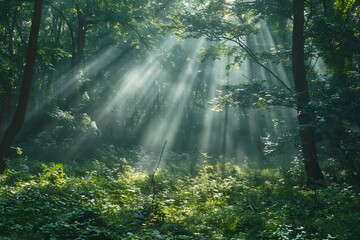 Obraz premium Enchanting Sunlight Filtering Through a Lush Forest Canopy