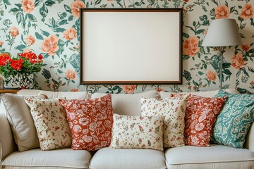 Floral patterned wallpaper with a framed blank canvas above a white couch with patterned pillows