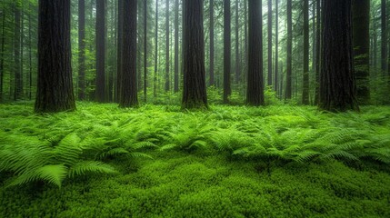 Fototapeta premium Dense forest with tall trees and a vibrant green moss-covered floor, creating a serene and peaceful nature scene. Ideal for environmental, eco-friendly, or outdoor-themed designs with copyspace for te