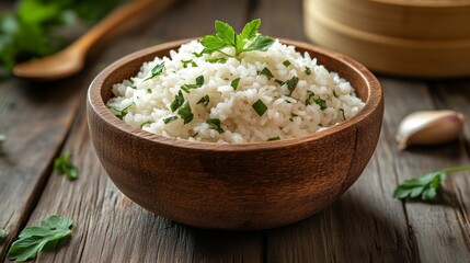 Rice with herbs in wooden bowl on rustic table, culinary and traditional food concept