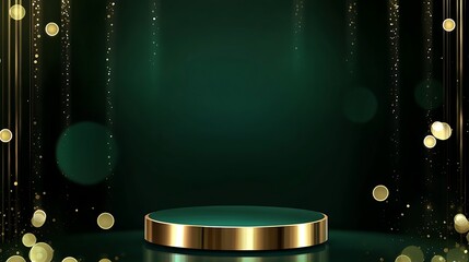 Empty podium golden on green background with light neon effects with bokeh decorations. Luxury scene design concept. Design illustrations. Generative Ai