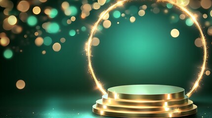 Empty podium golden on green background with light neon effects with bokeh decorations. Luxury scene design concept. Design illustrations. Generative Ai