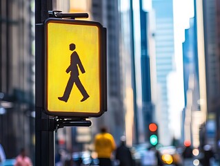 Yellow pedestrian crossing sign in a busy urban area