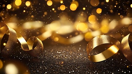 Obraz premium Gold luxury background and elegant ribbon decorations with glitter light effects elements and bokeh. Generative Ai