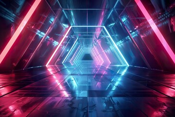 A neon tunnel with pink and blue lights,