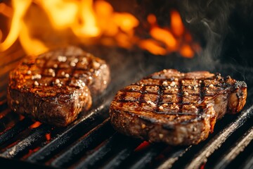 Juicy grilled steaks sizzling over an open flame at a backyard barbecue during a sunny afternoon