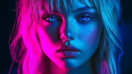 young woman in neon light Generative AI