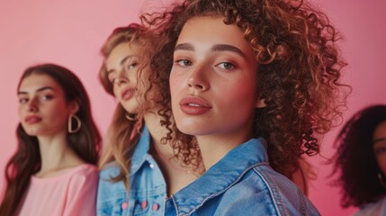 Obraz premium Portrait of women in a studio showcasing clothing promotion, featuring friends in denim outfits against a pink background, highlighting beauty and casual styles
