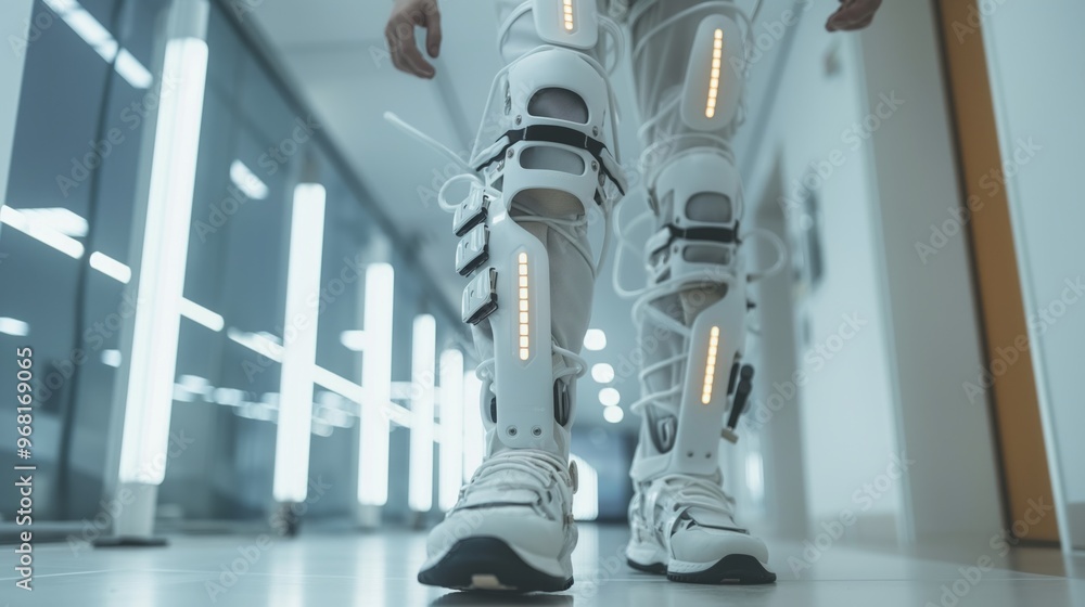 Aufkleber close-up view of high-tech leg exoskeleton in a futuristic lab, enhancing mobility with advanced rob