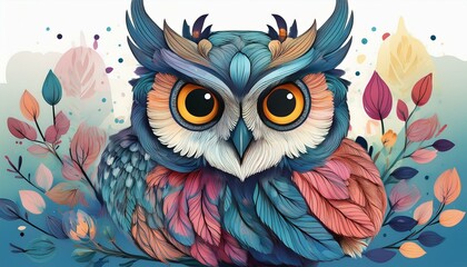 Obraz premium Watercolor Owls- conceptual soft, dreamy owl illustration with flowing colors and gentle lines with copy space