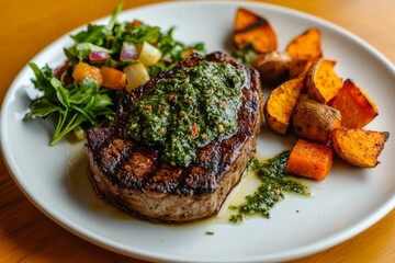 Grilled steak with herb sauce served with roasted vegetables and fresh salad on a white plate