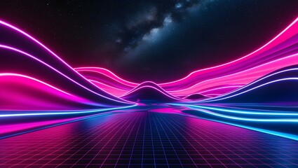 Retro synthwave digital art background of a neon wave landscape, featuring bright glowing waves in vibrant purple, pink, and blue tones, the waves flowing like liquid energy