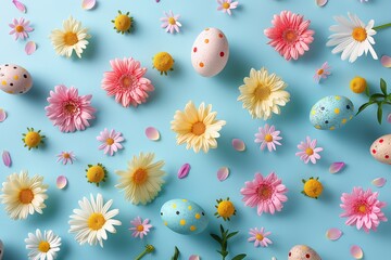 Fototapeta premium Colorful decorated eggs are scattered among bright flowers on a serene pastel blue backdrop, perfect for spring festivities