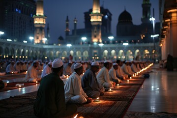 Obraz premium Worshippers sit in peaceful prayer, illuminated by candles, at the Kaaba in Mecca during a serene night of Ramadan