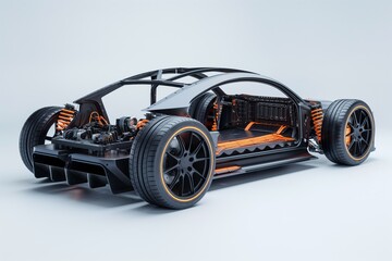A detailed view of a sport car chassis featuring robust battery packs and an aerodynamic design in a contemporary setting