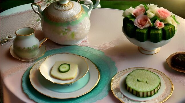 A table topped with plates of sliced cucumbers among overflowing floral arrangements at an elegant garden tea party