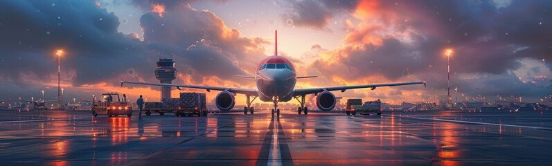 Plane that is sitting on the runway at sunset