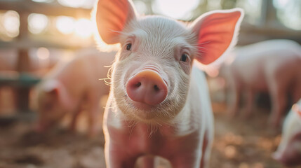 Fototapeta premium A curious piglet stands in the sunlight on a farm, its snout and ears prominently showing, creating an adorable portrait.