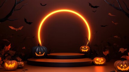 Halloween podium with glowing arc to display your product. Holiday 3d scene. illustration. Generative Ai