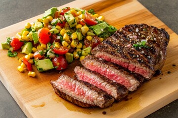 Juicy grilled steak served with a fresh corn and avocado salad on a wooden cutting board during a summer evening