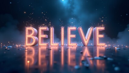 Glowing BELIEVE in 3D light letters with digital stars in dark blue mystical sky