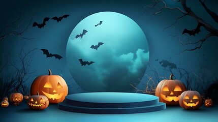 Halloween podium with glowing arc to display your product. Holiday 3d scene. illustration. Generative Ai