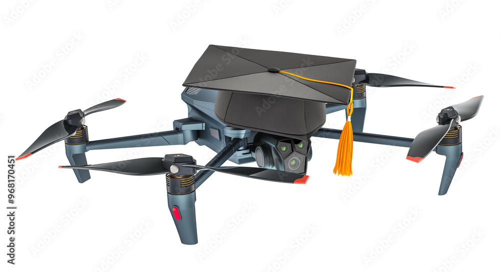 Poster drone pilot course. drone with graduation cap, 3d rendering isolated on transparent background